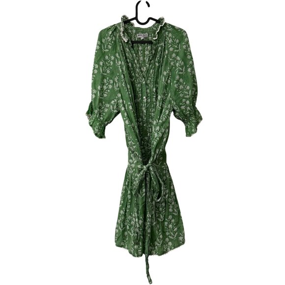 Juliet Dunn London Green Floral Blouson Mini Dress Waist Tie Button Front M/L - Picture 1 of 8